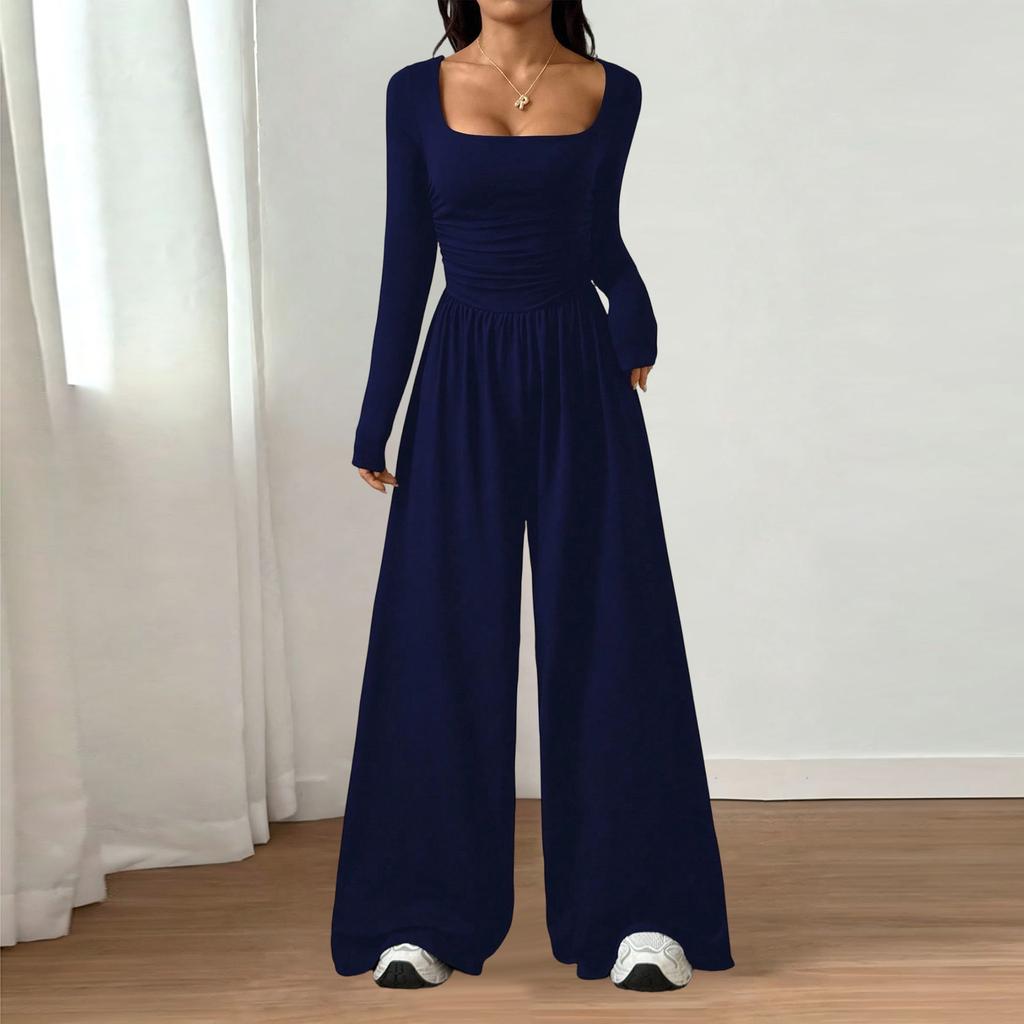 Women's Fashion Casual Long Sleeve Square Neck Wide Leg Jumpsuit Slim Fit Color
