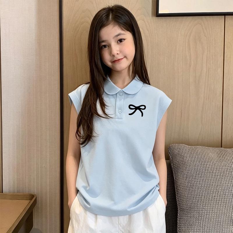 Trendy Girls' Pure Cotton Sleeveless Polo Shirt - Stylish Summer Vest for Kids Aged 6-15