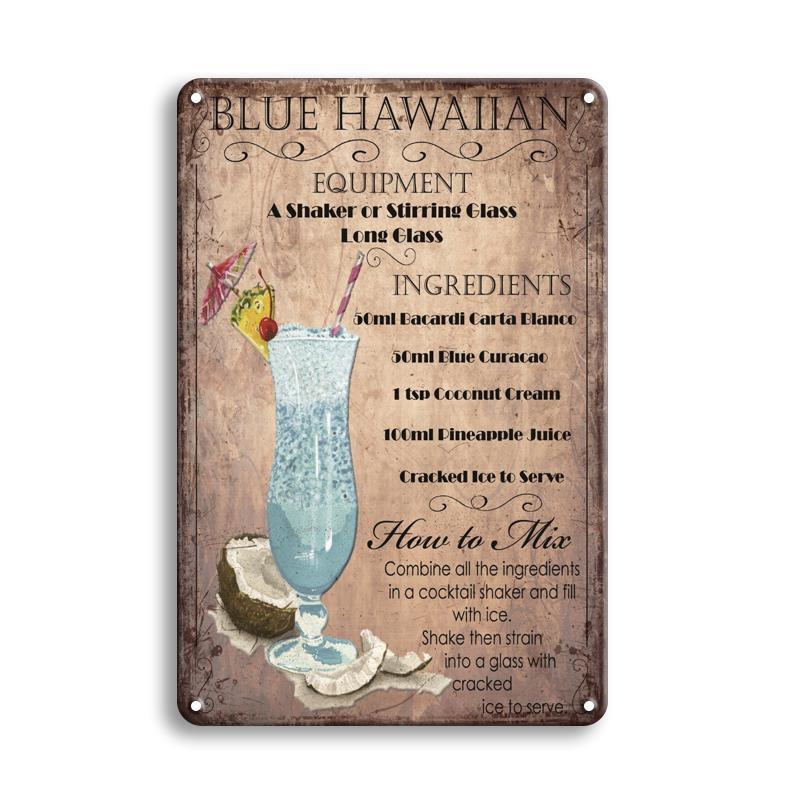 Vintage Art Cocktail Poster Metal Tin Sign Blue Hawaiian Cocktail Recipe Metal Signs for Home Pub Bar Wall Decor Plaque 20x30cm(7.8x11.8inch)