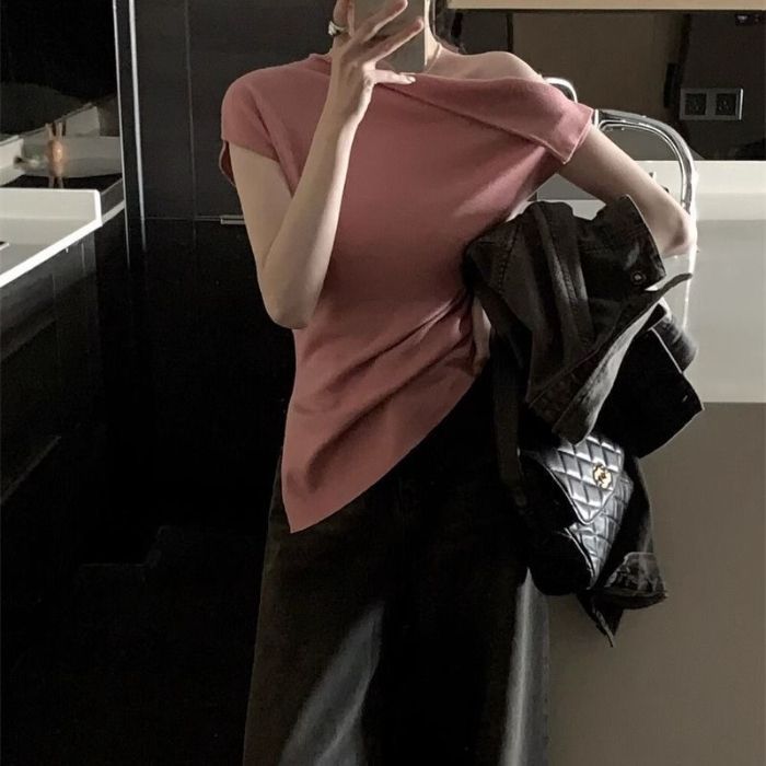 Pure Desire Style Spice Girl Sexy Slanted Shoulder Short-sleeved T-shirt Niche Fashion Design Sense Unique Irregular Top Ins