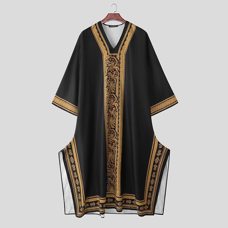 INCERUN Men Deep V Neck 3/4 Sleeve Floral Print Casual Loose Long Robes Tunic Tops