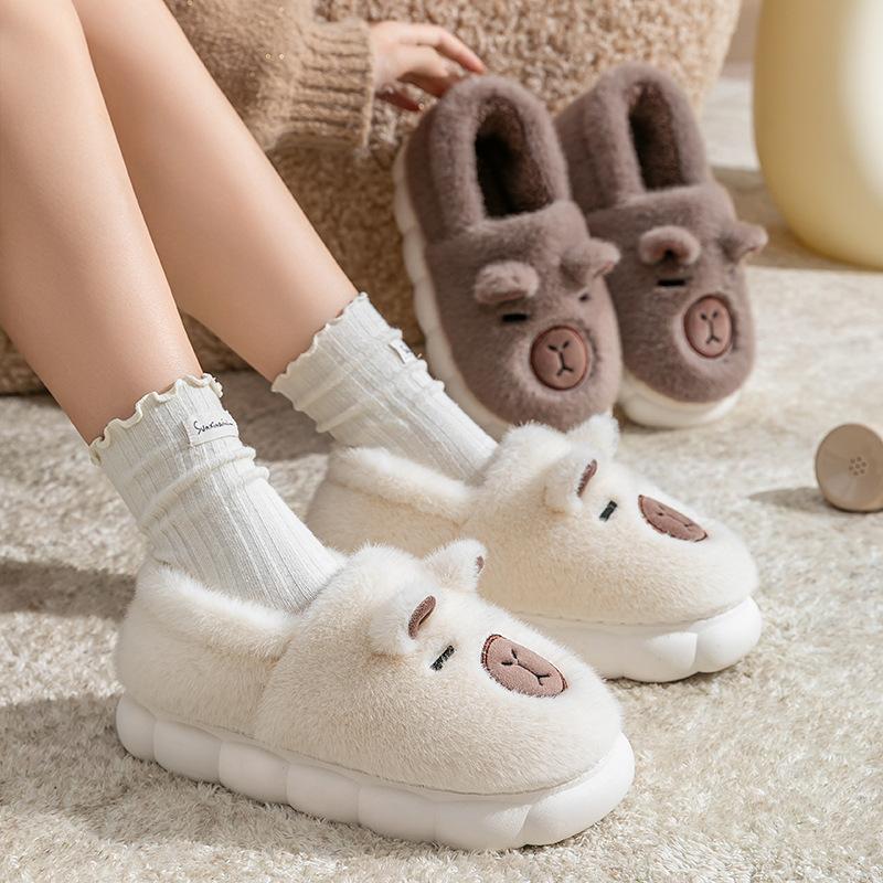 Cotton slippers autumn and winter home bag heel cartoon cotton mop warm velvet shoes platform couple hair slippers