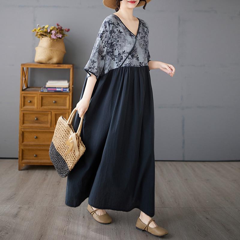 DIMANAF 2025 Plus Size Summer Women Basic Dress Vintage Printing Casual Loose Spliced Long Dress Maxi