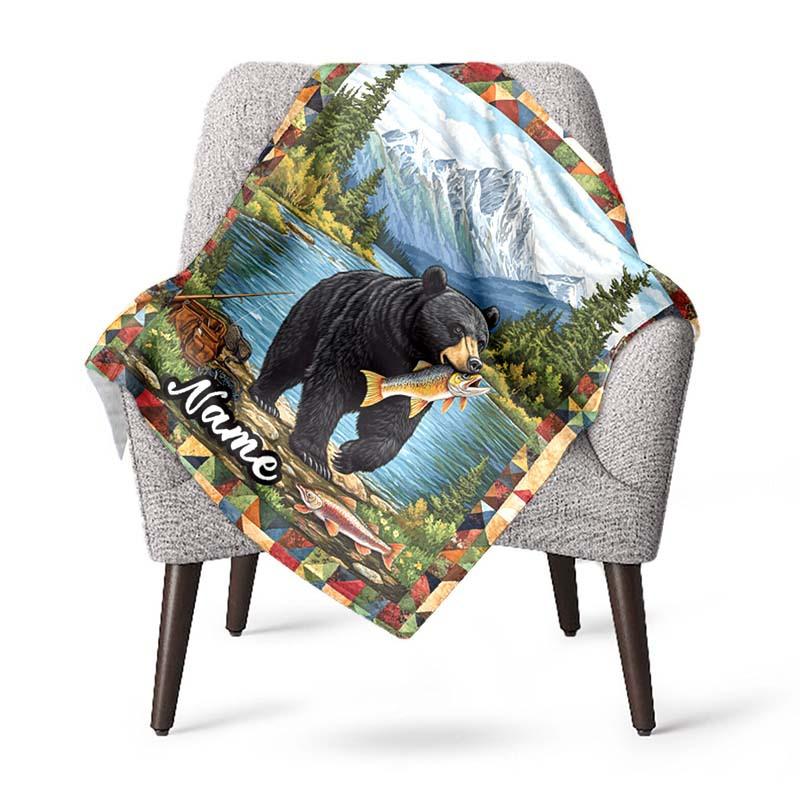 Bear Eating Fish Customize Your Name Outdoor Blanket Used For Chair Office Sofa Bed Camping Soft And Warm Giving Friends And Relatives Birthday