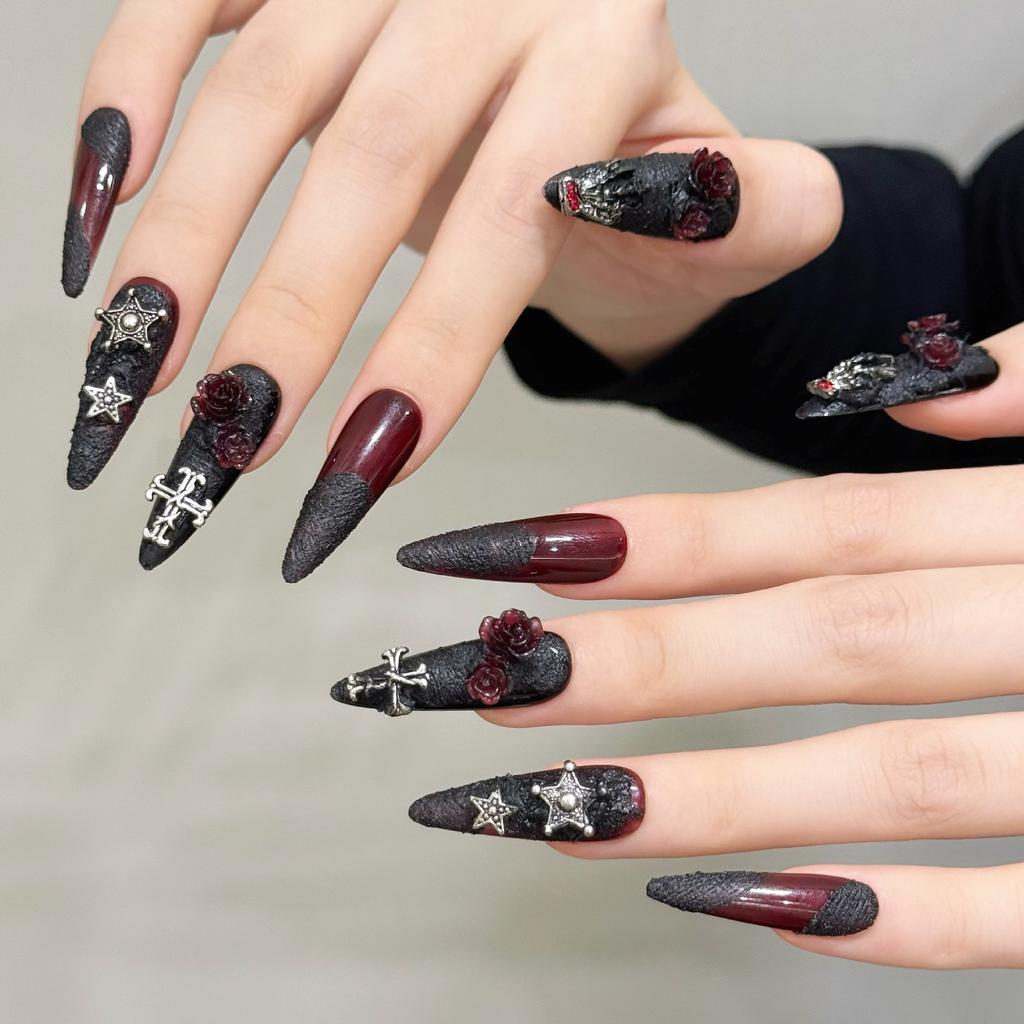 Handmade Press on Nails Long Stiletto Fake Nails with 3D Designs Dark Gothic Acrylic Nails Reusable Glossy Artificial Full Cover False Nail for Women