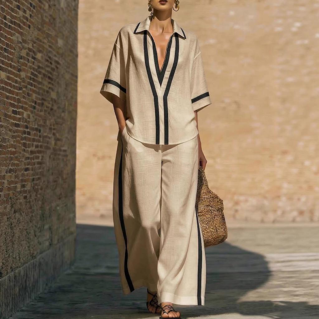 Women Striped Lapel Short Sleeve Shirt And Wide Leg Pants Set Casual Loose Fit Summer Tracksuit