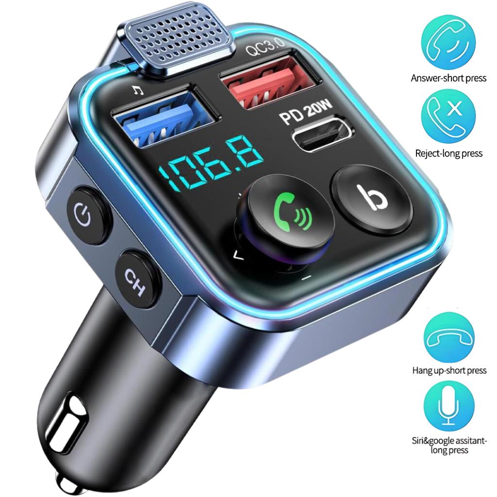 Car Charger Bluetooth 5.3 Transmitter, QC3.0+PD Fast Charging, Handsfree Calling, HiFi Stereo Sound, LED Light, For iPhone/Samsung