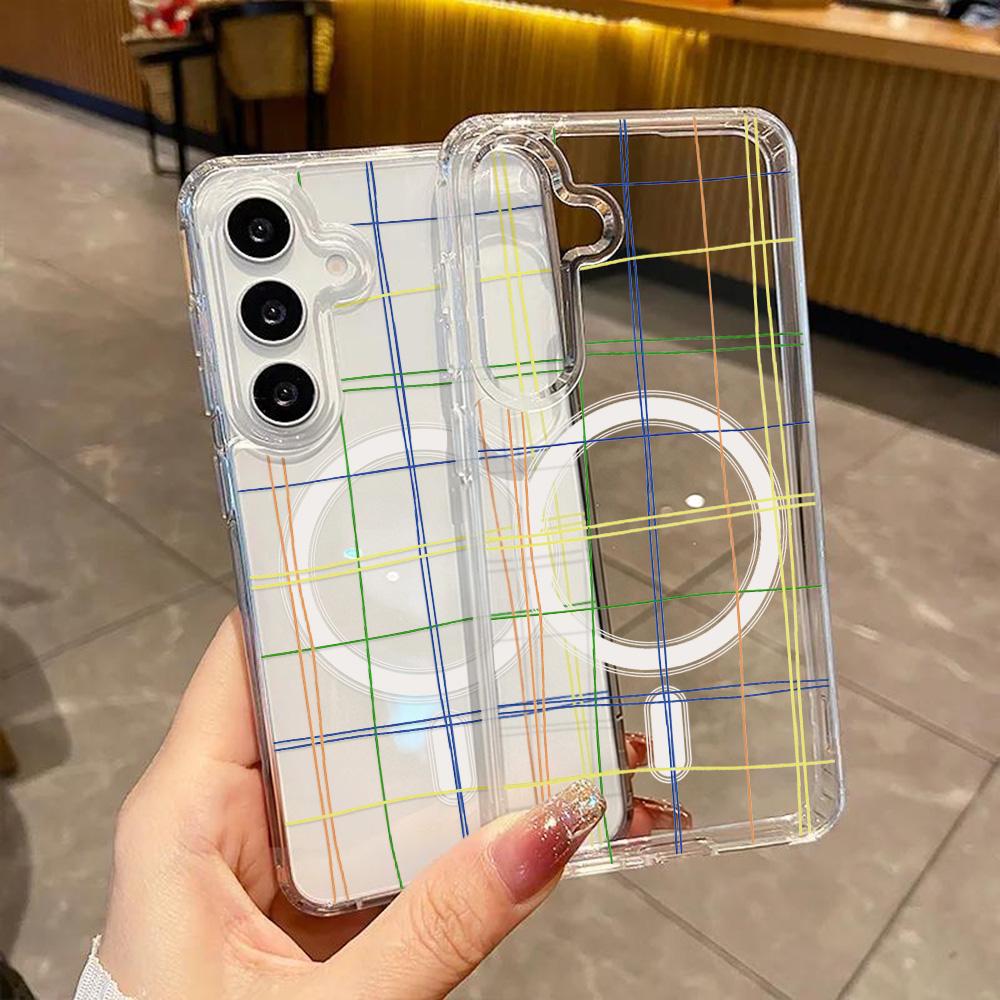 Colorful Line Grid Pattern Phone Case For Samsung A57 A37 A56 5g A16 A17 A07 A55 A54 A35 A26 S26 Ultra S25 S24 For Magsafe Cover