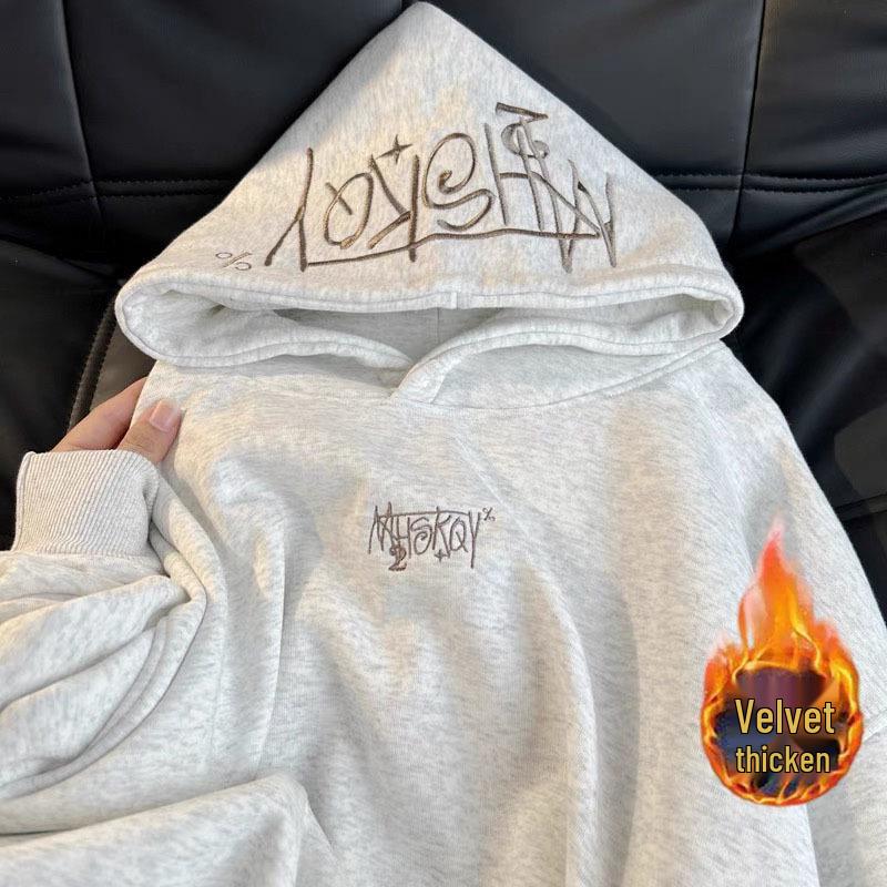 Unisex American Retro Fleece-Lined Hooded Sweatshirt for Autumn/Winter Hip Hop Trend