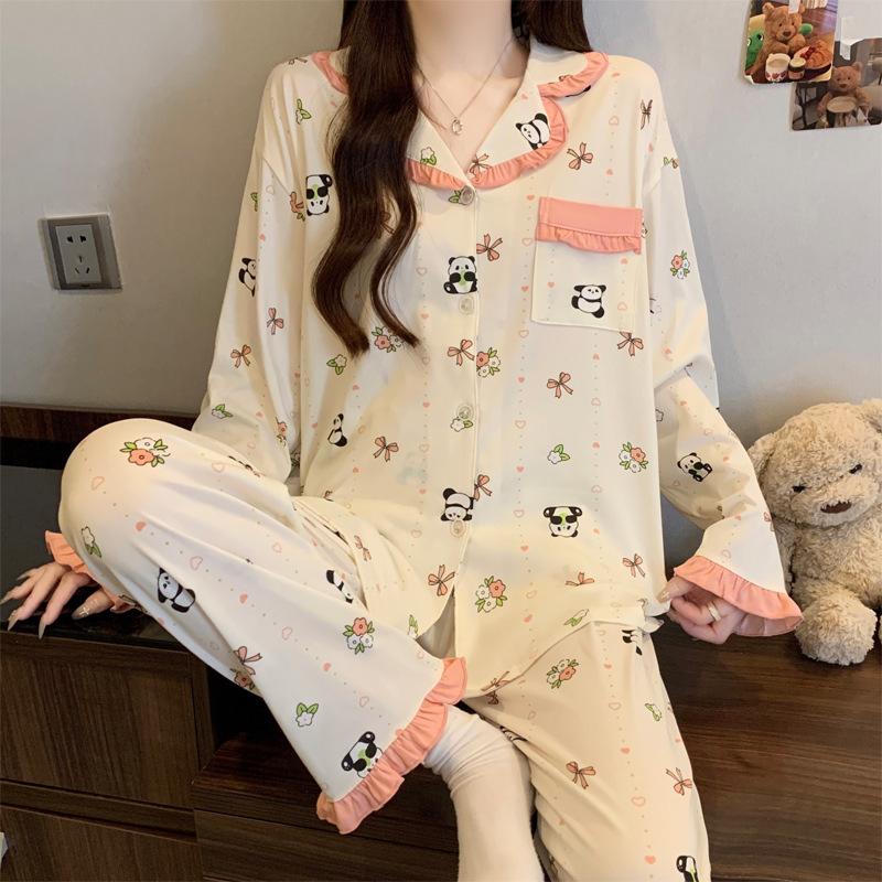Imitation cotton ruffle leaf edge pastoral cute rabbit girl pajamas autumn long-sleeved cartoon soft glutinous loungewear two-piece set