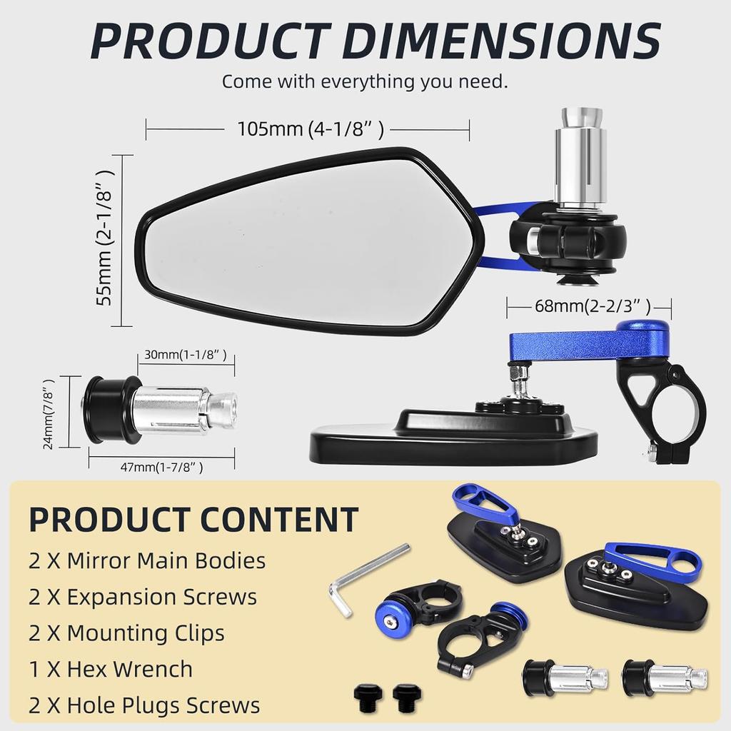 Motorcycle Mirrors For Handlebars, 7/8" Bar End Mirrors Include Mirror Plugs Compatible With Honda Grom MSX125 Z650 Z125 Pro Z750 Z800 MT-07 MT-03