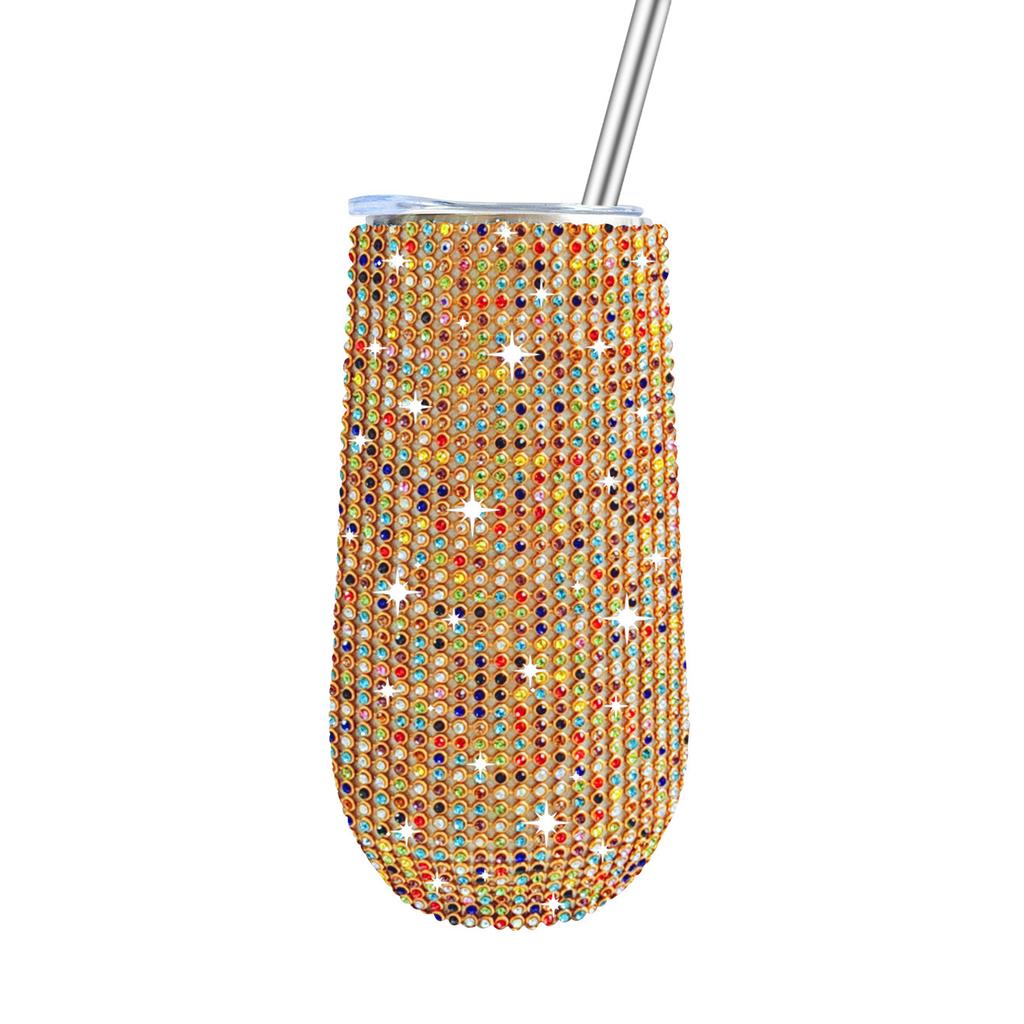 6oz Glänzender Diamant-Becher Bling Strass-Weinglas mit Strohhalm Edelstahl Isoliert Vakuum Champagnerbecher Tasse Eiform