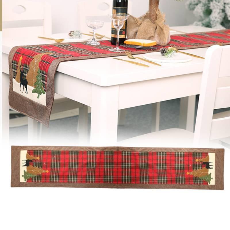 Charming Christmas Table Flag Stylish Plaid Fabric Embroidered Table Decor For Holiday Gatherings