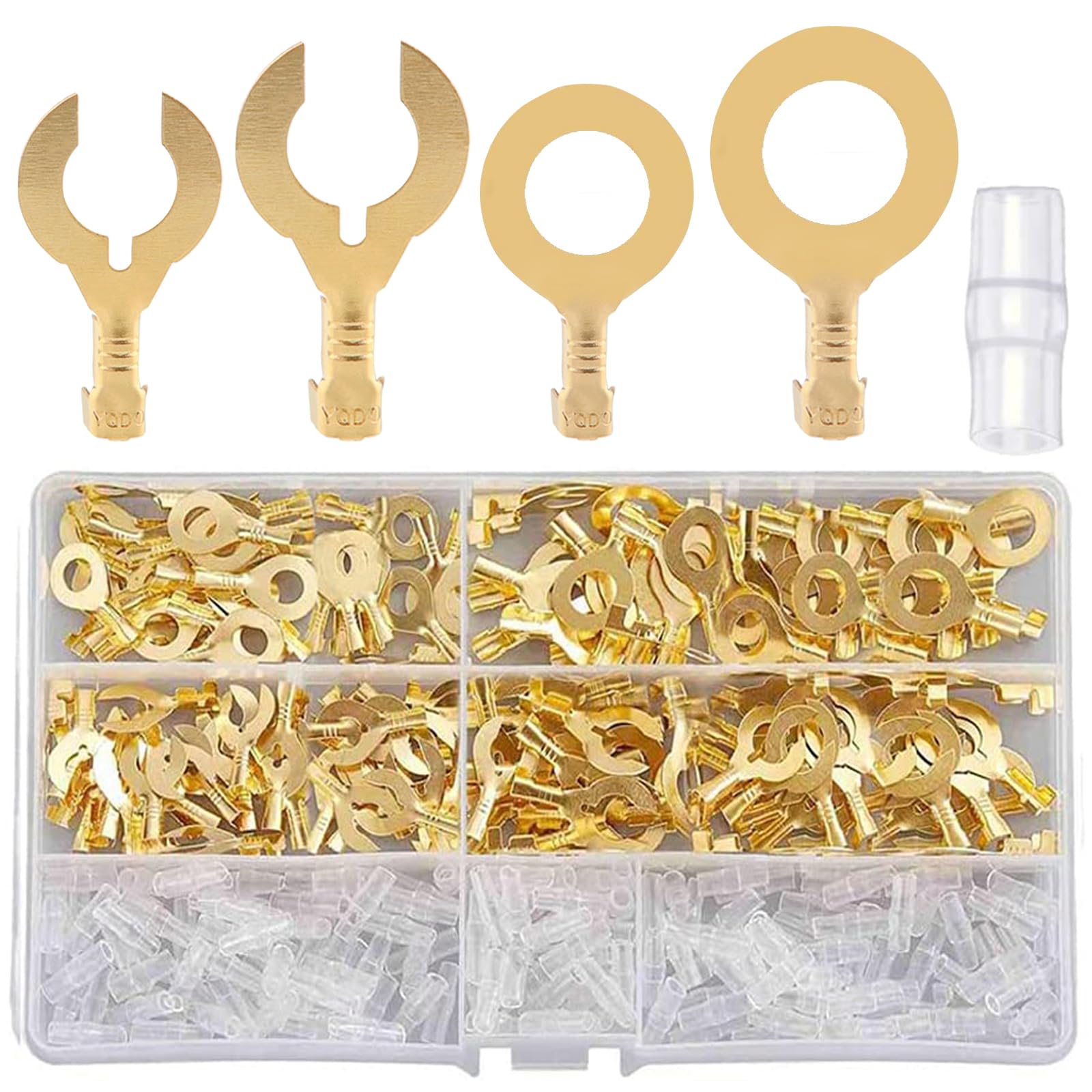 

Набір латунних обтискних клем 6 мм та 8 мм з ізоляційними гільзами для та 400 штук заземлення, кабелів, проводки, динаміків, 0,5-2 кв.мм золотистий