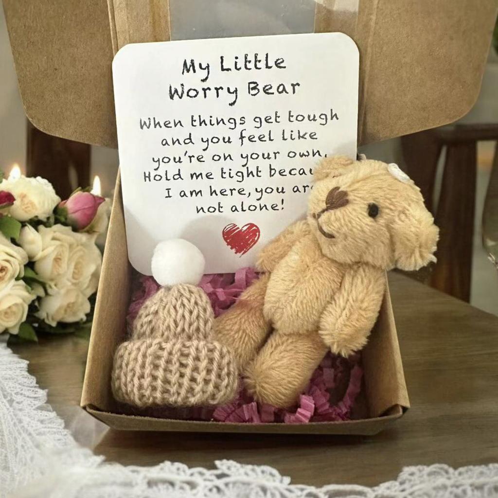 Adorable Pocket-Sized Worry Bear Plush Teddy with Encouraging Greeting Card&Gift Box Comforting Keepsake for Friends Loved Ones