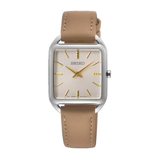 SEIKO quartz wristwatch women square design SWR089P1 silver beige leather band