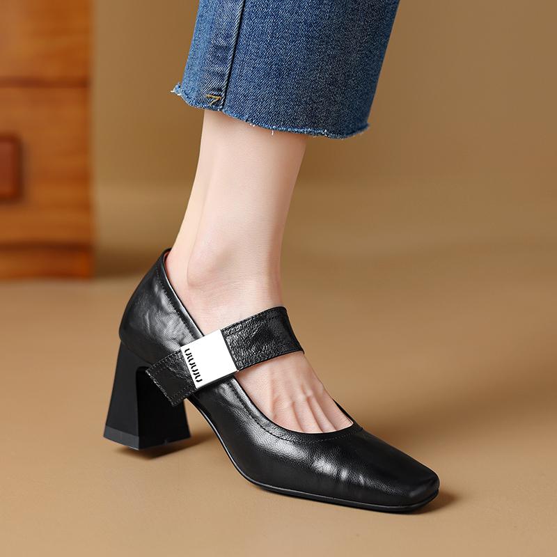 2024 High Heels Elegant Women Pumps Spring Summer Genuine Leather Square  Toe Buckle Strap Mary Janes Shoes Woman Office Lady