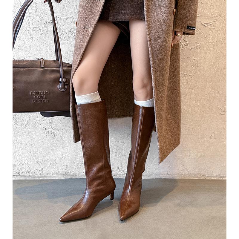 Fashion 2025 Autumn Women Boots Split Leather Women Shoes Pointed Toe Chunky Heel Slip-on Knee High Boots Western Modern Ladies Boots