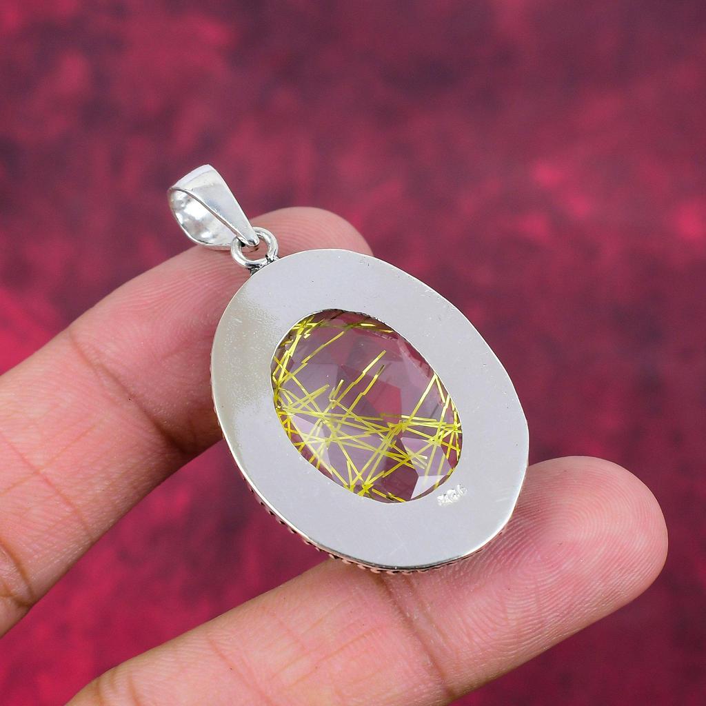 Golden Rutile Jewelry Handmade Gemstone Pendant, 925 Sterling Silver Antique Jewelry Pendant, For Engagement Gift