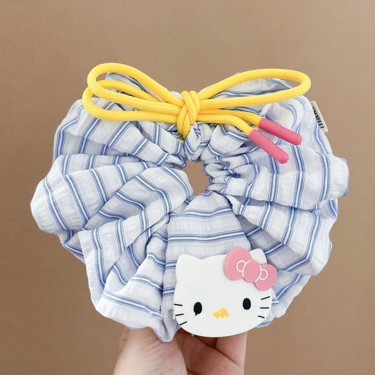 Korean Style Hello Kitty Blue Stripe Bow Hair Tie - Large Intestine Rubber Band Accessory