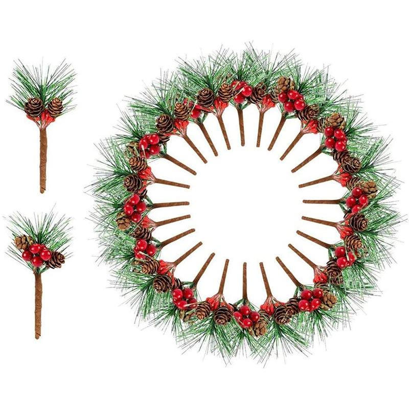 3pcs Pine Needle Mini Christmas Tree Accessories Gift Box Decor Artificial Flower Xmas Decorative Ornament Desktop Red Fruit