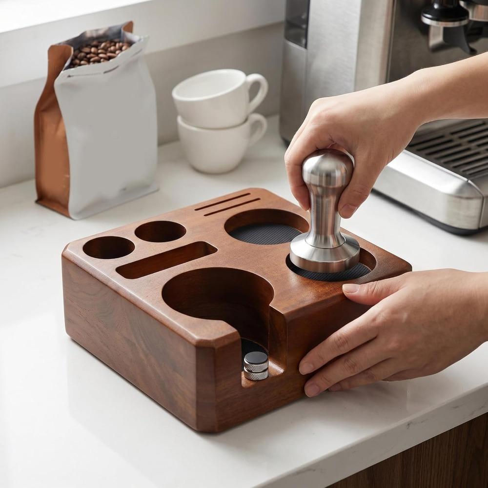 Adjustable Espresso Tamping Station Walnut Wood Tamper Holder Stand Coffee Station