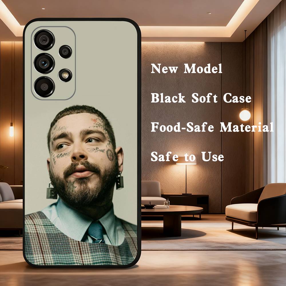

Singer P-Post M-Malone Case For Samsung Galaxy A73,52,71,53,32,72,41,J7,22,Note,31,8,9,Soft Black Silicone Cover SamsungNote20