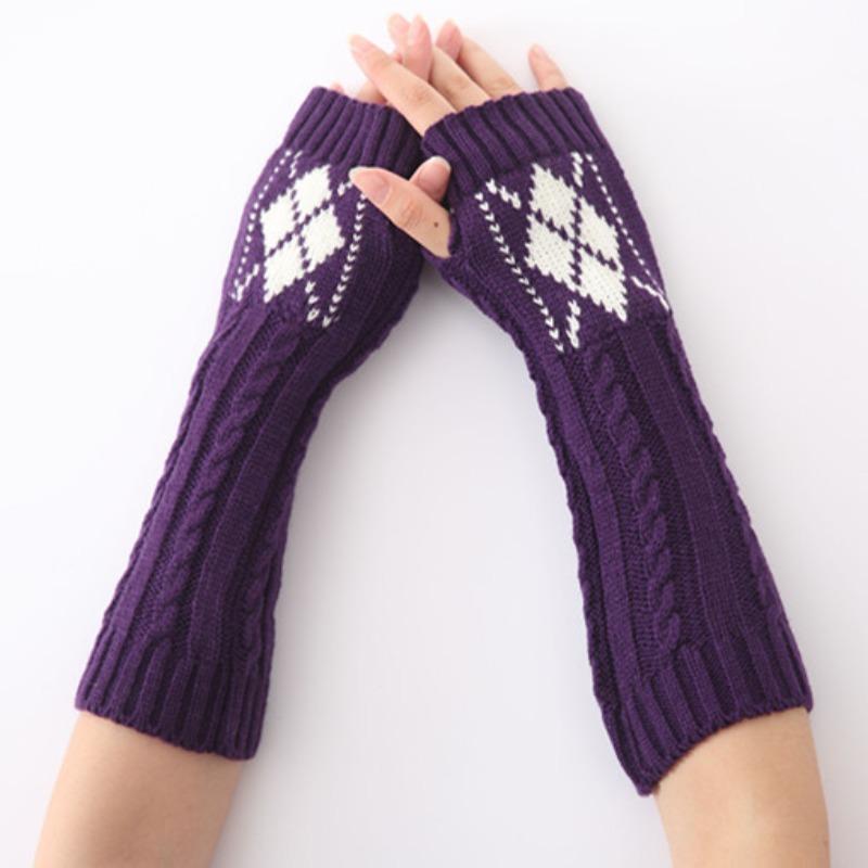 Damen Koreanischer Stil Herbst und Winter Neu Zopfmuster Jacquard Rauten Gestrickte Wolle Halbfinger Fingerlos Ski Warme Handschuhe