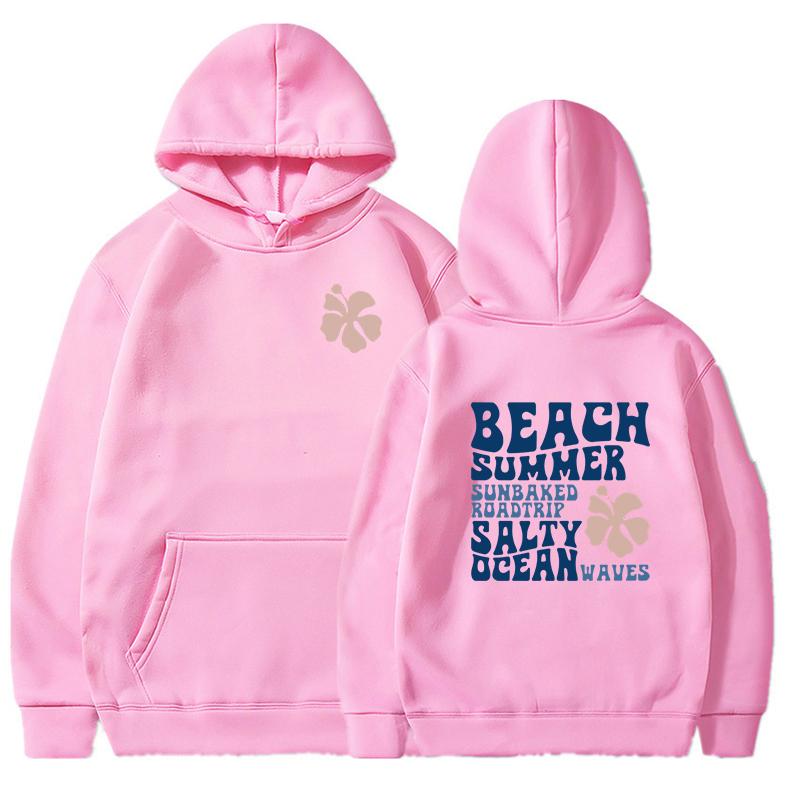 2024 Mode Floral Buchstaben Hoodie Damen Strand Sommer Salzig Ozeanwellen Grafik Kapuzenpullover Locker Langarm Ästhetik Sweatshirts