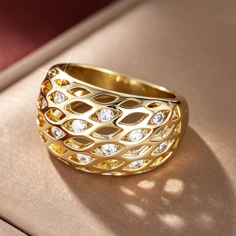 Huitan Hollow Mesh Cubic Zirconia Rings for Women Gold Color Wedding Band Accessories Statement Rings Daily Party Trendy Jewelry