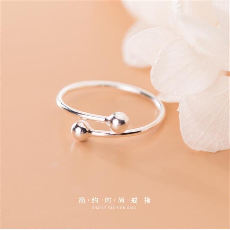 New Fashion Jewelry Double Beads 925 Silver Cute Smooth Small Ball Women Popular Exquisite Opening Rings R053