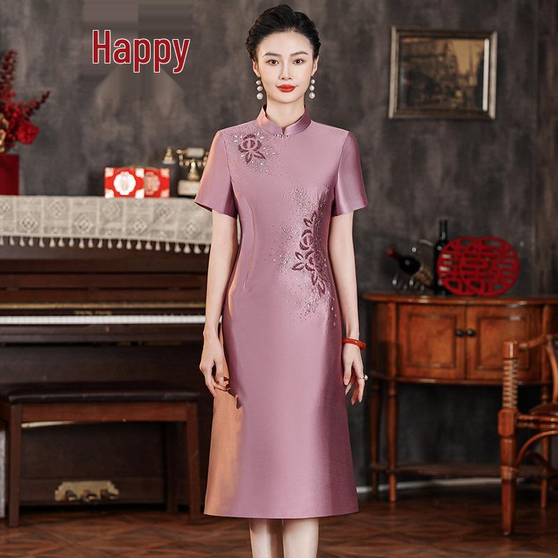 2024 New Style Spring Cheongsam Dress for Middle-aged and Elderly Women - Fashionable Chinese Style Wedding Banquet Outfit