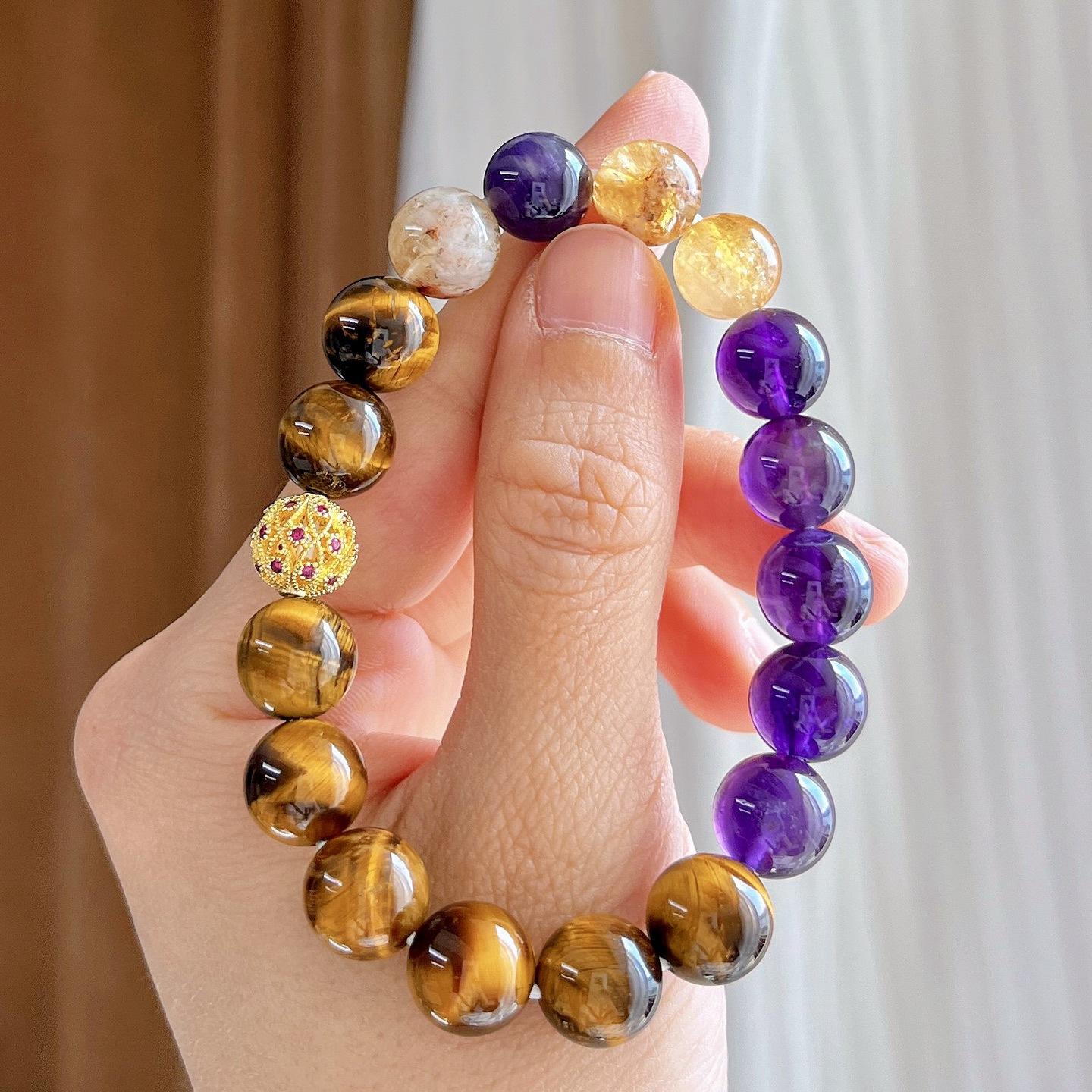 10Mm Natural Amethyst Honey Milk Cover Citrine Tiger S Eye Bracelet