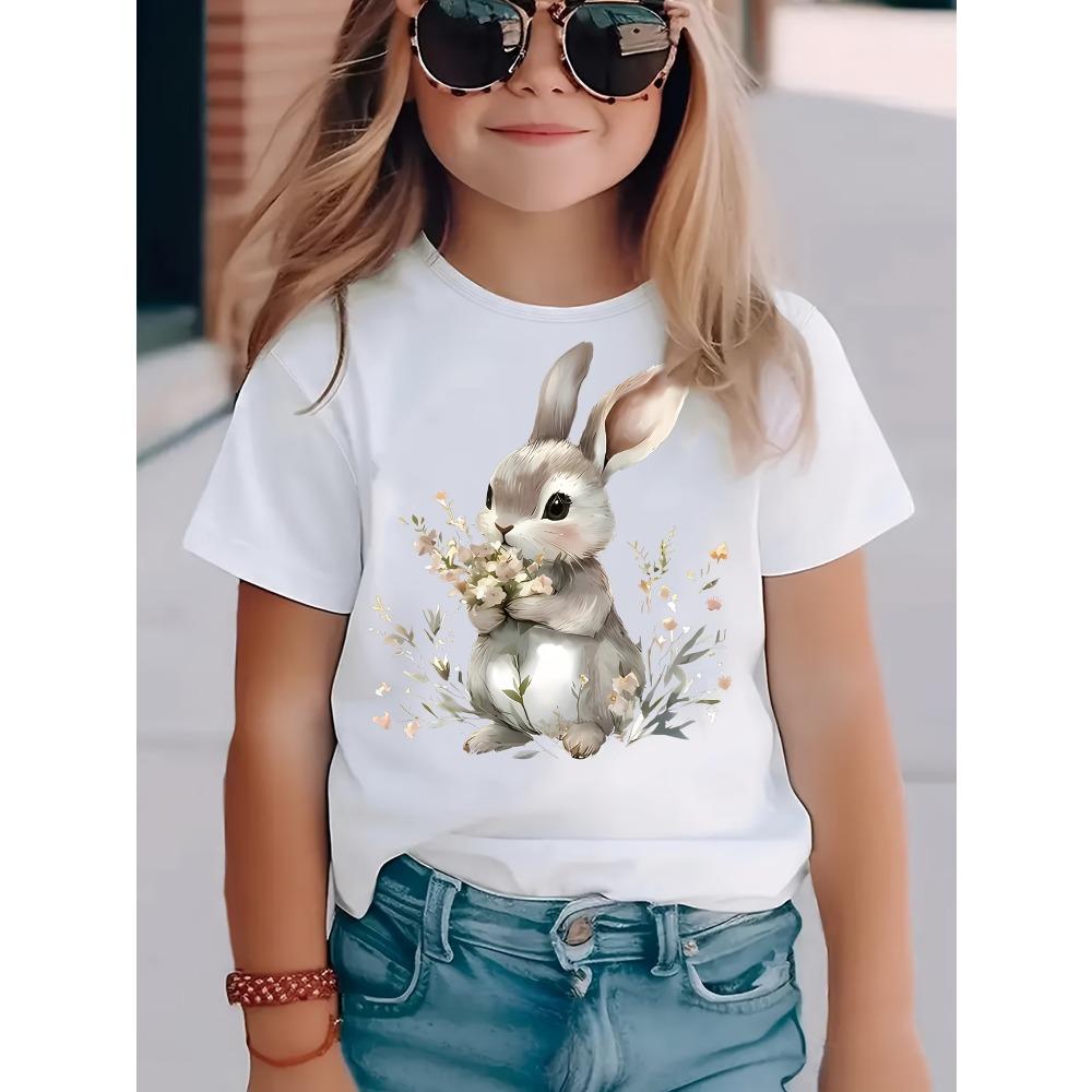 Summer EASTER Cute Bow Rabbit Print Childrens Cotton Tshirt Casual Trendy Girls Short Sleeved Shirts Fashion Kids Clothes Tees