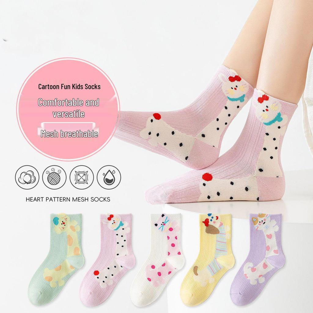 Girls' Summer Mesh Cotton Socks - Odor-Resistant, Breathable, Trendy Cartoon Mid-Calf Socks