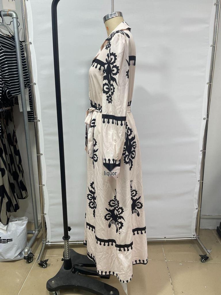 2025 Autumn/Winter European & American Print Lace-Up Long Sleeve Dress