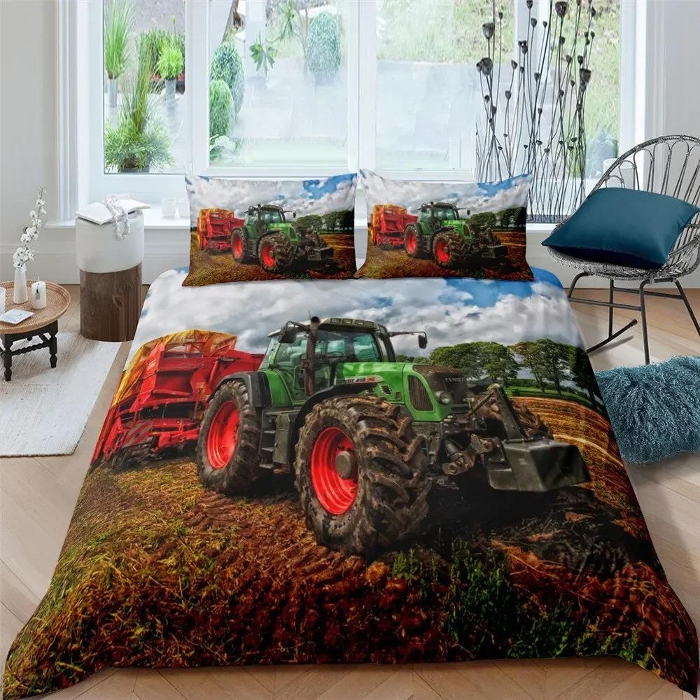 Retro Tractor King Queen Duvet Cover Automotive Bedding Set Engineering Vehicle Quilt Cover Farm Tool Cart 3D Polyester Quilt Cover