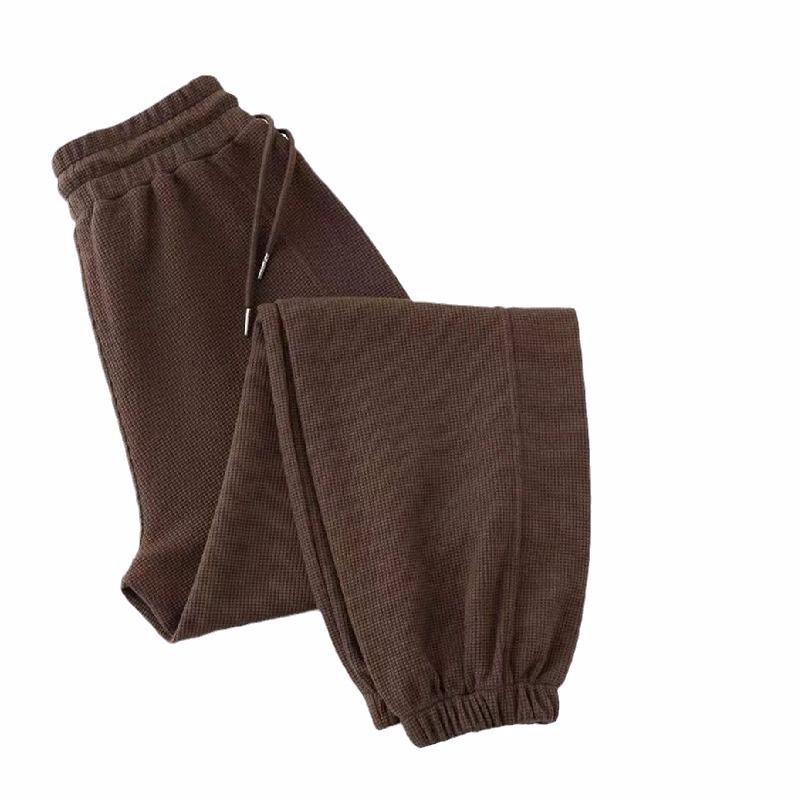 Women's High-Waisted Waffle Harem Pants - Loose, Cuffed, Casual Style for Spring and Autumn