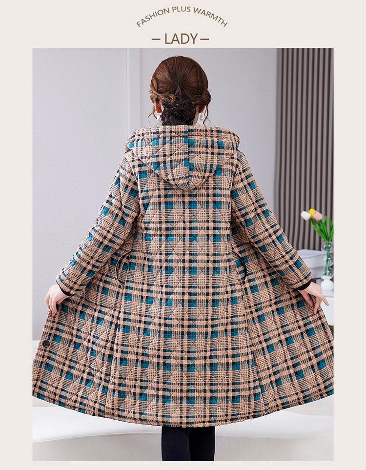 Women's Mid-length Plaid Cotton Coat - Velvet-lined, Thickened for Autumn/Winter