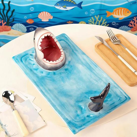 Shark Sushi Plates Handmade Ceramic Shark Shaped Appetizer Tray with Soy Sauce Bowl & Chopstick Rest Microwave & Dishwasher Safe