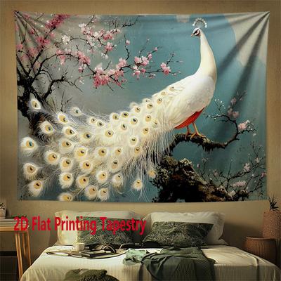 Weißer Pfau Wandteppich Kirschblüte Pfau Wandbehang Ästhetische Asiatische Kunst Raumdekoration Extra große Größe 180x350cm
