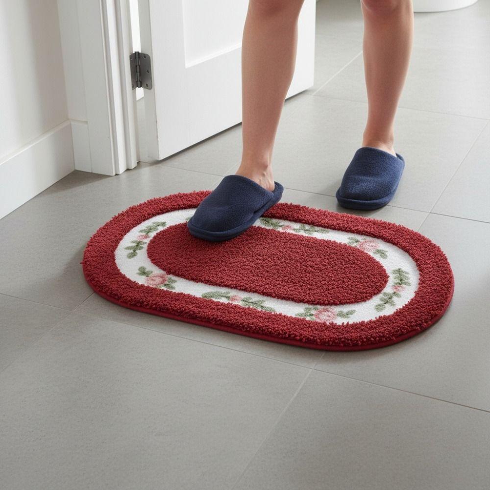 Practical Fluffy Rose Pattern Door Mat Absorbent Pastoral Style Oval Floor Rug Nonslip Thickened Bath Mat Home Decoration