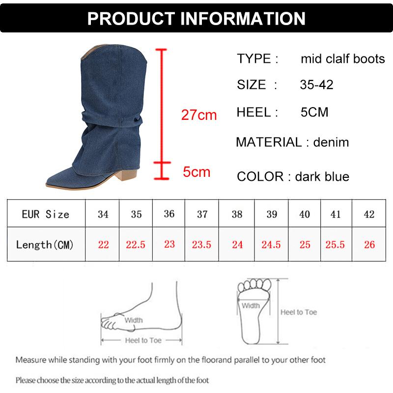 Fashion Fashion Pointed Toe Cowboy Boots Women Spring Autumn Thick High Heels Mid Calf Boots Woman Slip On Denim Western Botas Female