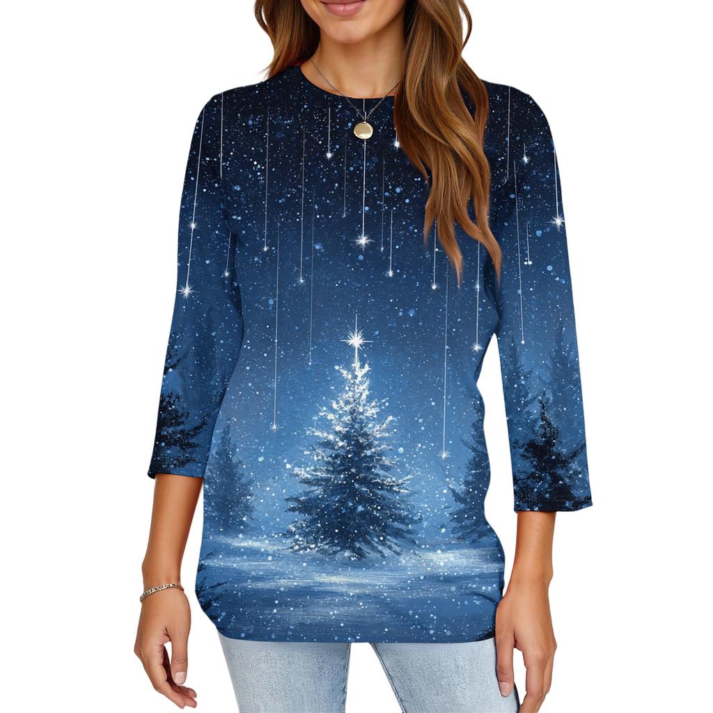 Women's Fashion Casual Christmas Printed Round Neck Long Sleeve Pullover Top