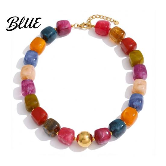 Multicolor Resin Bead Necklace Chunky Beaded Square Beads Bohemian Minimalist