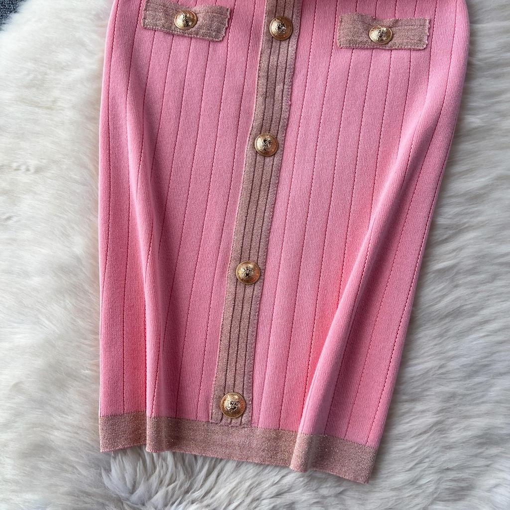 Vintage Chic pantalones cortos manga cuello pico botón tejido dulce vestido Vestidos moda coreana fiesta básica delgada verano elegante Vestidos de mujer