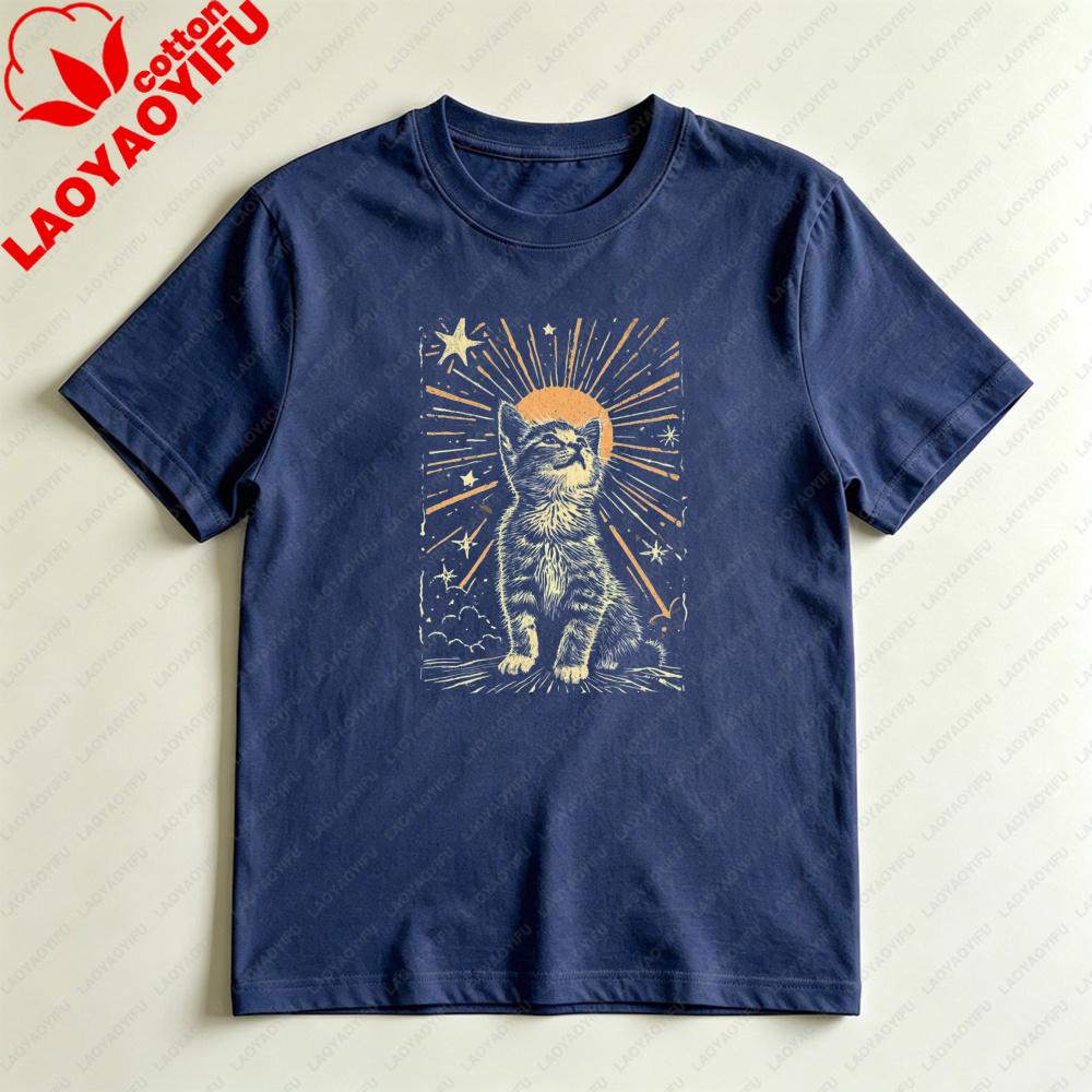 Vintage Celestial Cat Tarot Style Graphic TShirt Mystical Starry Kitten Casual Tee Unisex Summer Daily Life Fashion Cotton Tops
