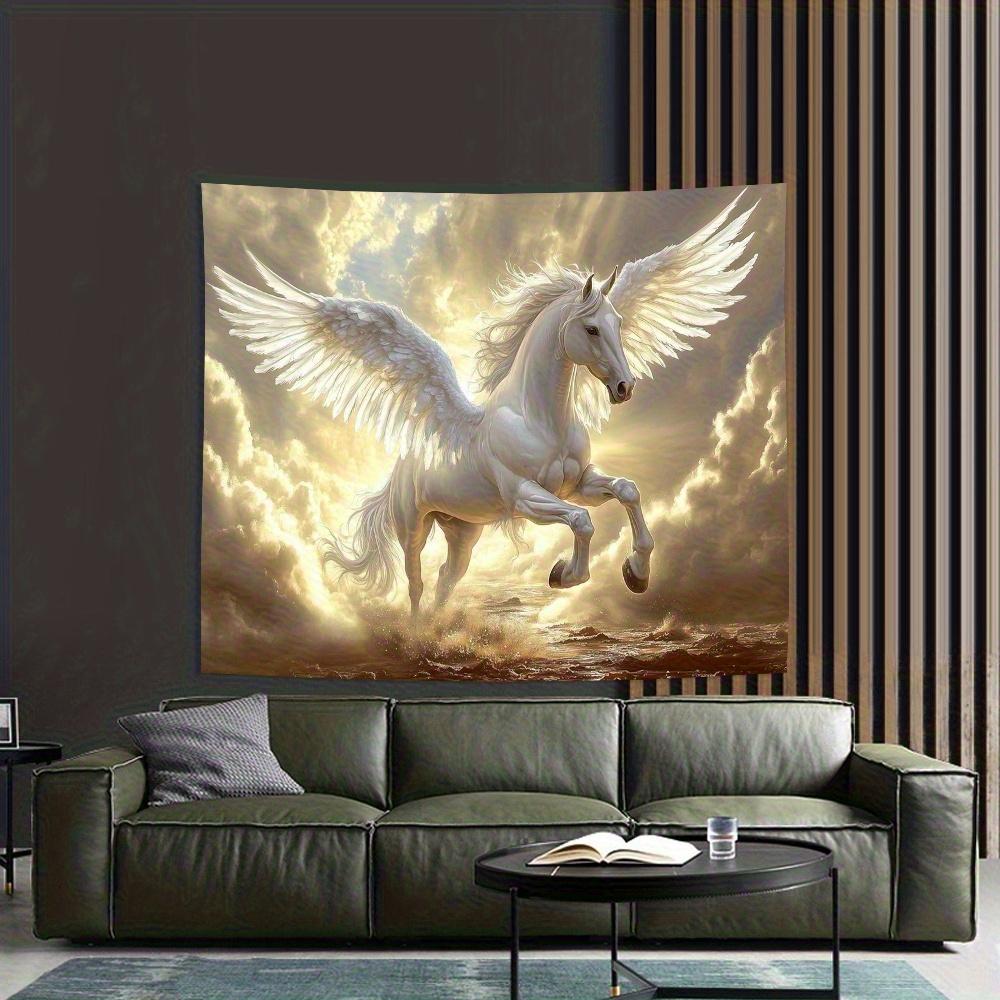 Pegasus Horse Tapestry, White Winged Steed Galloping over Ocean Waves, Mythical Fantasy Wall Hanging for Bedroom Living Room