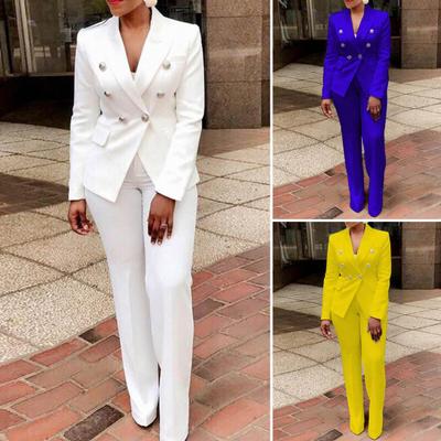 2Pcs/Set Long Sleeves Flap Pockets Double Breasted High Waist Blazer Pants Set Office Lady Solid Color Lapel Suit Jacket Pants Set