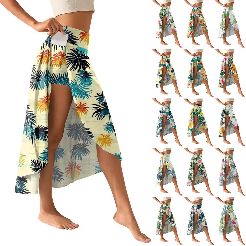 Women's Fashion Casual Printed Slit Ruffle High Waisted Fluttering Shorts Skirt